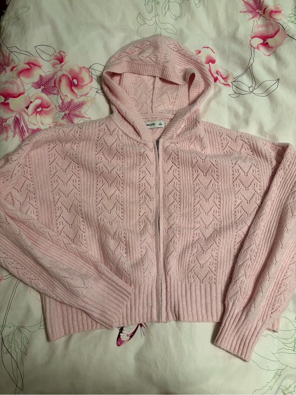 Light Pink Hooded Knit Sweater Pointelle Zip Cardigan -  Women